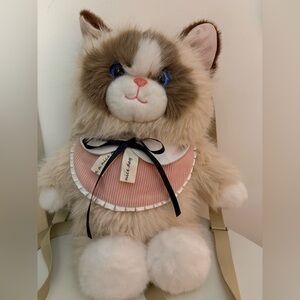 Kawaii Plush Realistic Cat Backpack with Pink Bib